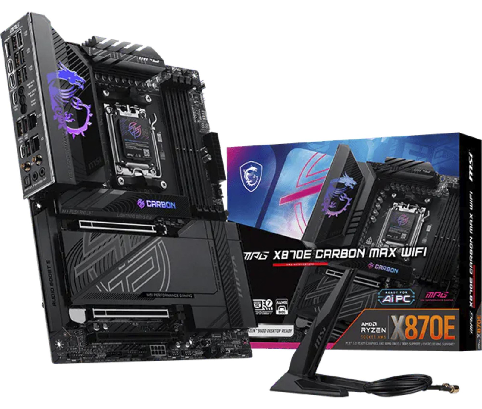 MSI MPG X870E Carbon Max WiFi Moederbord, X870E, AM5, ATX, DDR5, AMD Socket AM5 (Ryzen Zen4)