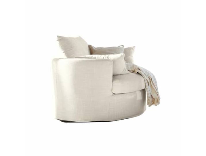 Loberon Dreh-Sessel Jindabyne, Creme Drehstuhl, Runde Form mit Drehfunktion, Neutrale Cremefarbe und Leinenmix-Stoff, Seitliche Komfortkissen