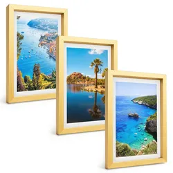 BILDER SET 3er Set - 20x30 cm Goldrahmen - Palmen am Meer, blaues Wasser