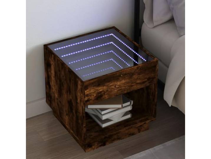 HEFZGDB Nachttisch mit Infinity-LED Räuchereiche 50x50x50 cm RGB-Beleuchtung USB-Anschluss stabile Tischplatte für Wohnzimmer Schlafzimmer Beistelltisch