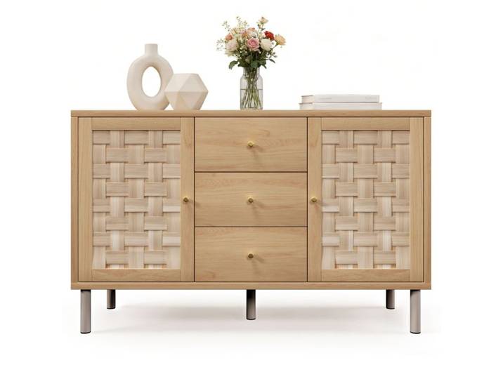 Commode campagnarde - Dimensions 120x40x75 cm - Couleur chêne - 2 portes 3 tiroirs - Étagères réglables