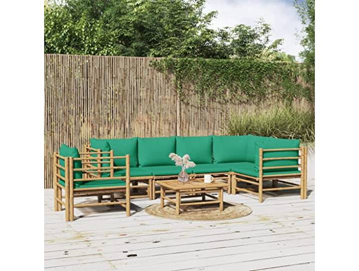 Bambou durable coussins moelleux salon extérieur élégant Brun 64.8 Salon de jardin 7 pcs bambou avec coussins verts canapé modulaire table exterieur ensemble terrasse confortable