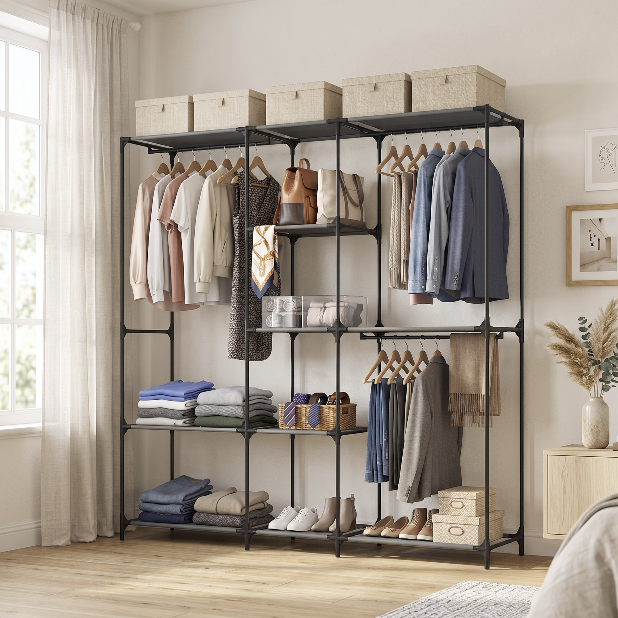 Homcom Armadio in Tessuto Salvaspazio con 3 Barre Appendiabiti, 5 Ripiani, Struttura in Acciaio, 182x43x182 cm, Nero   Aosom Italy