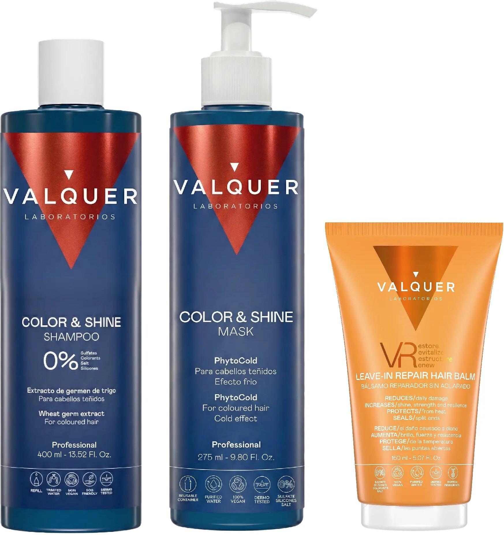Valquer® Pack Cuidado Cabellos Teñidos – Champú + Mascarilla Brillo + VR