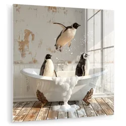 ACRYLGLASBILD Vintage - Pinguin - Badewanne - Schaumstoff 90x90 cm