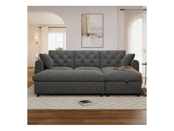 Celya Sofa mit Chaise longue und Fußhocker, beide mit Stauraum, Chaise longue links/rechts wechselbar. Armlehnen mit Magazintaschen, Geeignet für Wohnzimmer