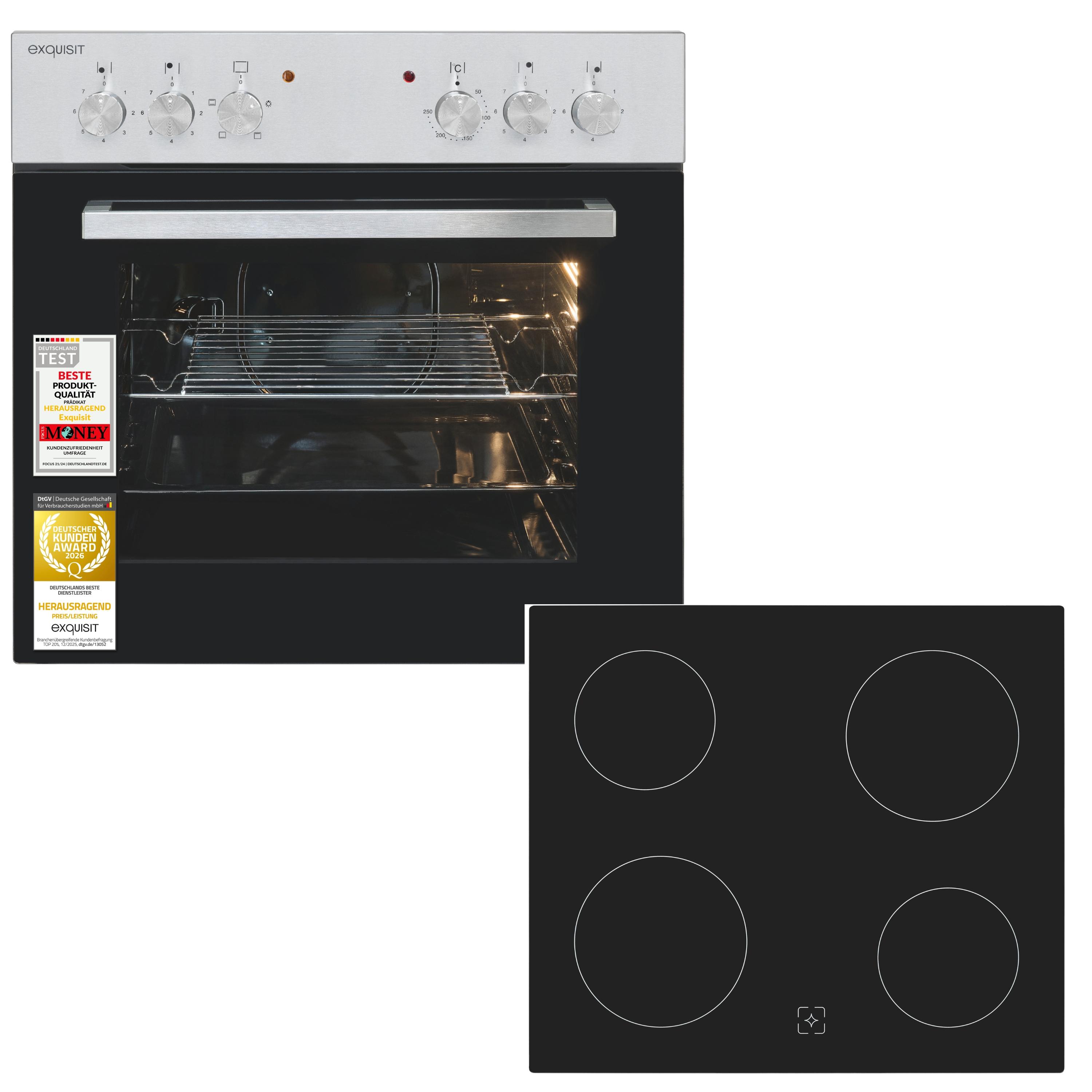 Herd-Set | 62 l Garraum | Ober Unterhitze | 4 Strahlungskochzonen | Energieklasse A | Schwarz Glas | Steuerung mit Drehknöpfe | EHE145-010 inox