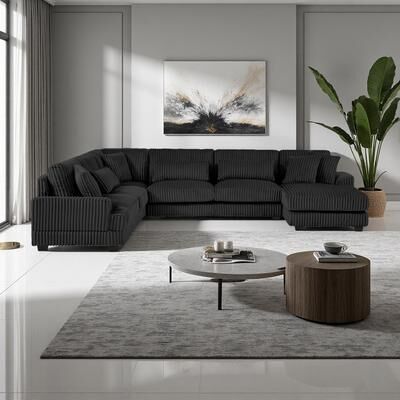 ZWYO HOSIMU "129.1"" Corduroy U-Shaped Sectional Sofa with Chaise Lounge, Rolled Arms and 7 Pillows"