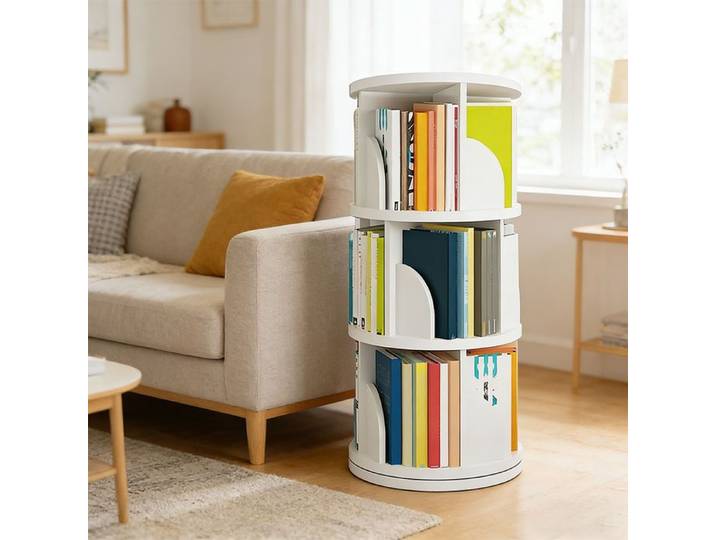 MIPAN. BIBLIOTHÈQUE ROTATIVE À 360° - UNITÉ DE RANGEMENT SUR PIED - TROIS NIVEAUX - 40*40*98CM - BLANC
