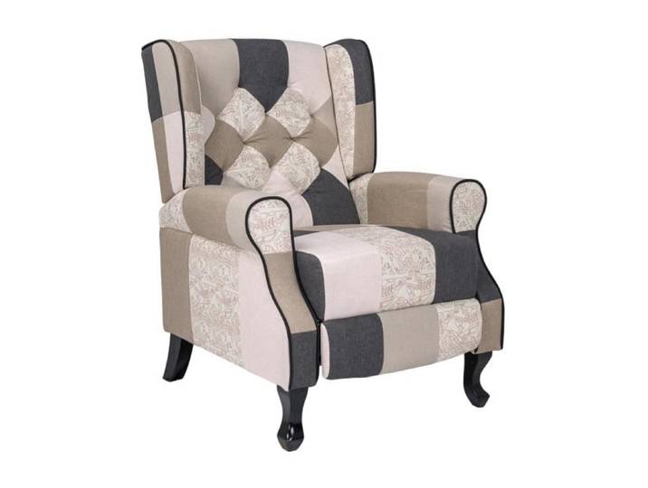 Fauteuil de relaxation en tissu patchwork BERGERE Repose-pieds inclinable gris tourterelle