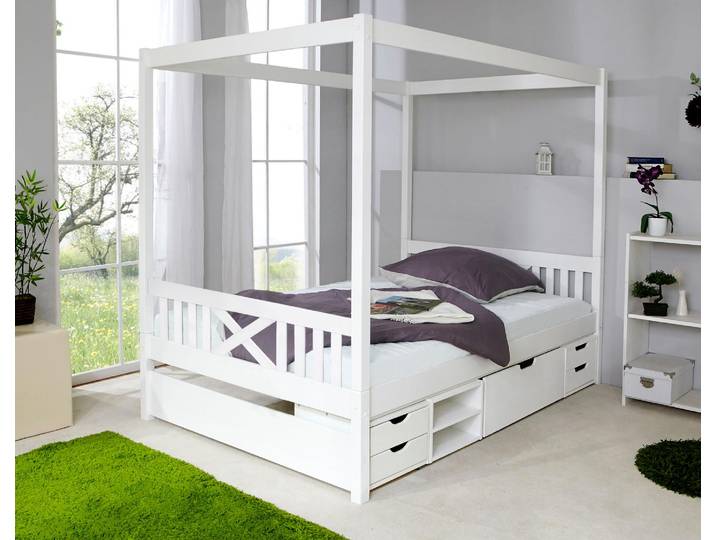 Himmelbett TICAA Lino , weiß (kiefer massiv weiß gewachst), B:148cm, Betten, Himmelbett, inkl. Schubkasten und Rollrost