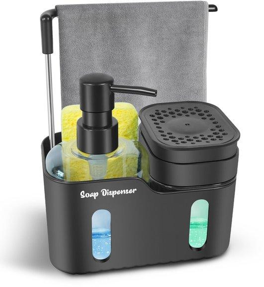 Benza Ibenzoa 4-in-1 keukenorganizer met dubbele zeepdispenser, sponshouder en handdoekhaken, zwart