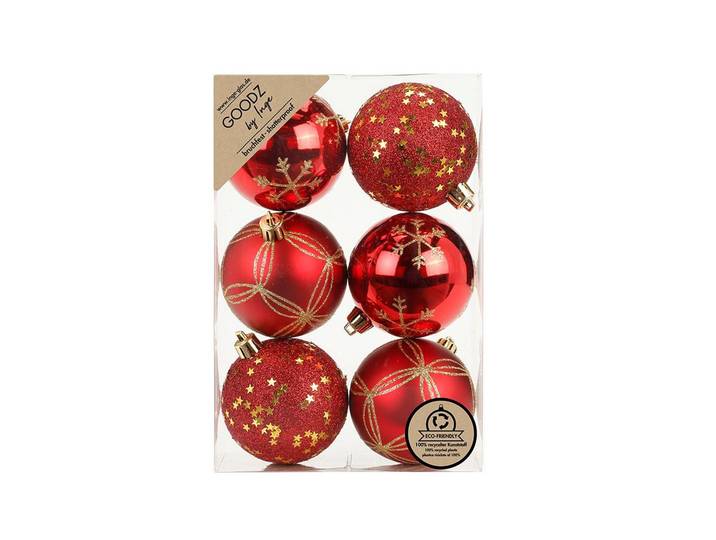 Weihnachtsbaumkugel Inge Weihnachtskugel dekoriert, 6 Stk. , rot (goldfarben, rot), Ø:8cm, Kunststoff, Weihnachtsbaumkugeln, Weihnachtsbaumkugel