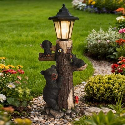 Kodotan sofa Black bear statue welcome sign garden statue with solar light, 19-inch resin bear family on tree, outdoor bear decoration
