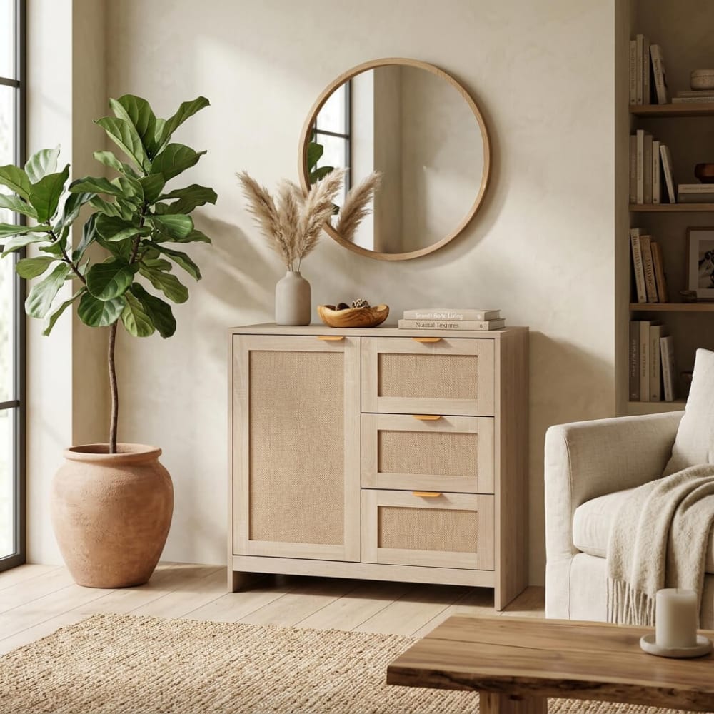 Mobili Rebecca Mueble con puerta 3 cajones en mdf madera clara 80x80x40