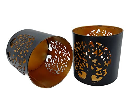 Set van 2 handgemaakte metalen theelichthouders met levensboom Yggdrasil motief