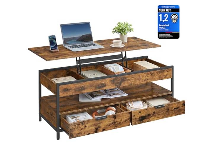VASAGLE Couchtisch, höhenverstellbarer Wohnzimmertisch, 50 x 120 cm Kaffeetisch, mit Schubladen, verstecktes Fach, Vintagebraun, Island Kollektion LCT252K01