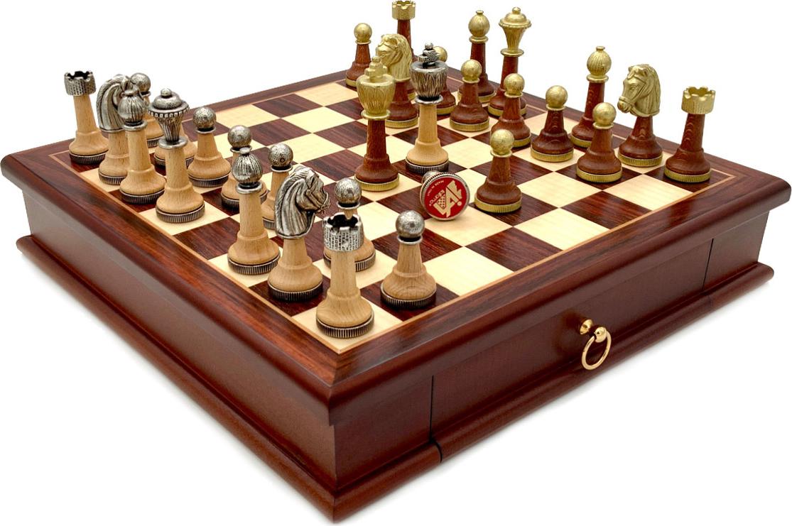 Italienische Schachfiguren Klassik Metall/ Holz + Schachbrett Aus Rosenholz 32