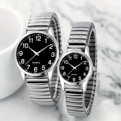 Combo Retail Shop Black Alloy Arabic Numerals Watch Set, Elastic Band Quartz Lovers Watch Gift Set For Men And Women lovers