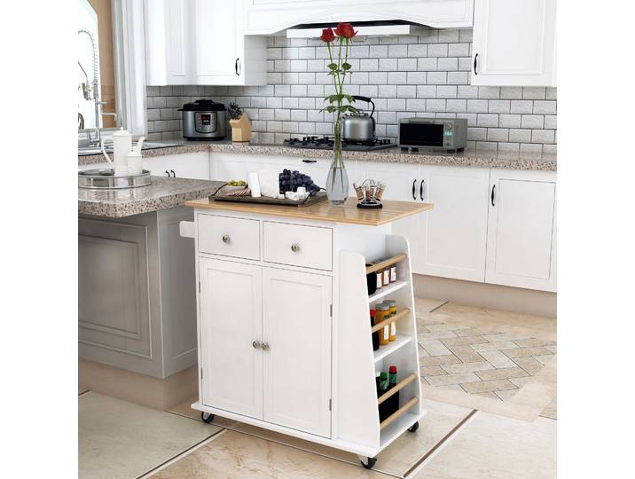 HOMCOM Desserte Cuisine MDF Blanc Hévéa Range-Bouteilles 2 Tiroirs