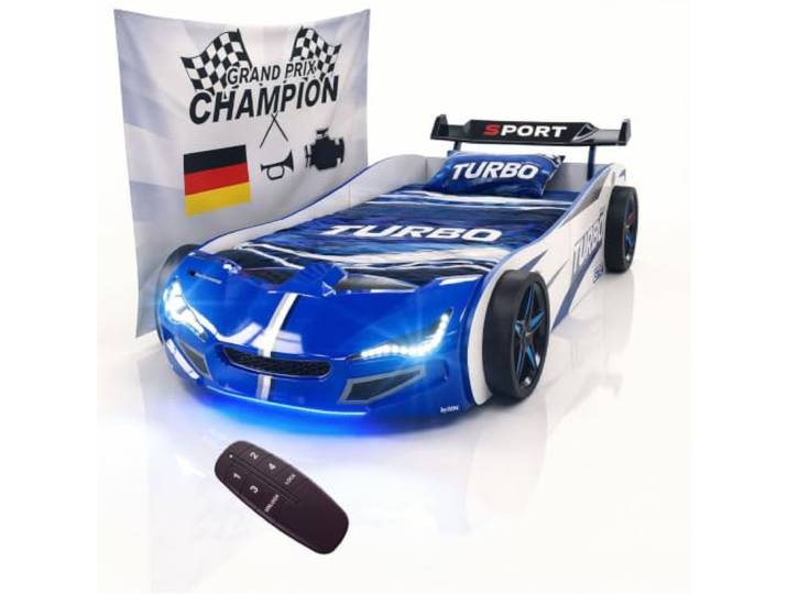 Coemo Autobett GTE Kinderbett 90x200 Rennwagenbett, Farbe Blau Sound Hupe Motor, LED-Leuchte Bett Sportwagen-Design Spoiler, Rennwagen Design, Racing-Aufklebern und markanter Fahrzeugfront