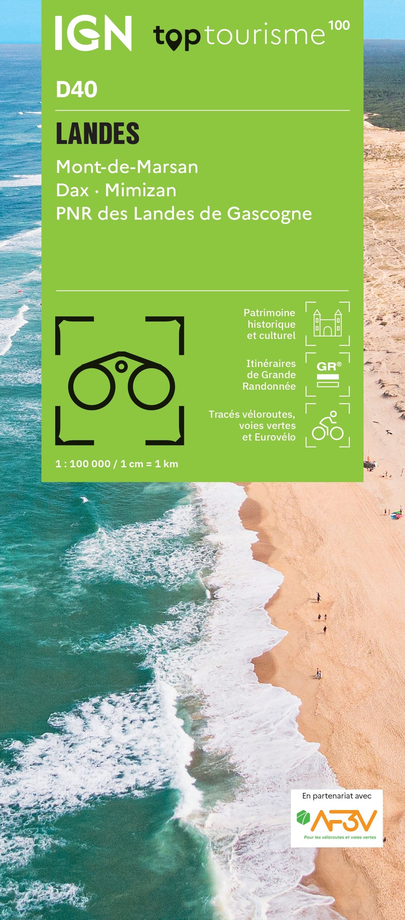 Carte touristique TOP 100 D40 - Landes : Mont De Marsan, Dax, Mimizan, Pnr des Landes de Gascogne   IGN