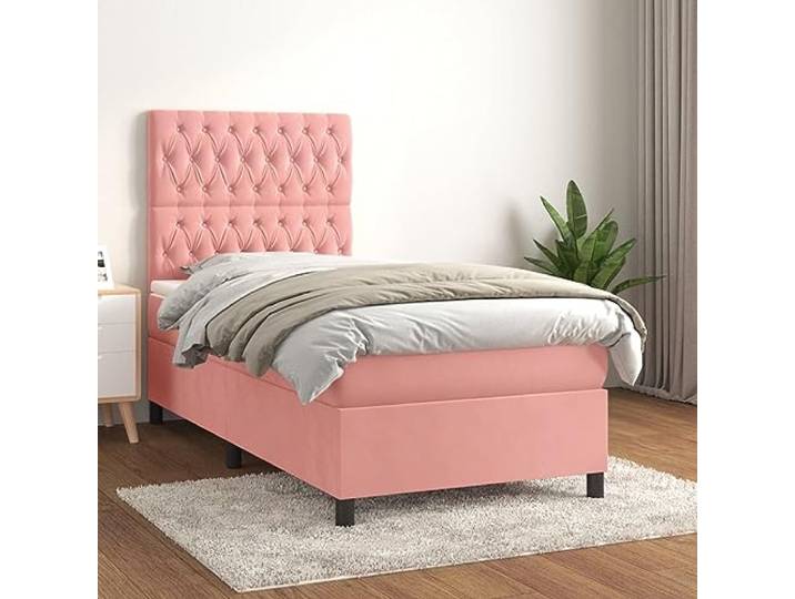 RJPLMFV Bett, Lattenrost, Matratze, Rosa, 80 x 200 cm, Velours Kopfteil verstellbar, Taschenfedern, mittelharte Unterstützung, weicher Matratzenschoner