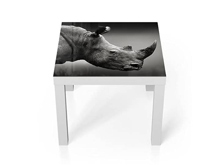 DEQORI Glastisch weiß klein 55x55 cm Motiv Nashorn im Profil ausgefallener Beistelltisch aus Glas Hochglanz Couchtisch fürs Wohnzimmer moderner Couch Tisch mit Design