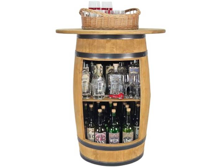 kadamahu Fassmöbel, Aufsatz 62 cm, Servierkorb, 83 cm Fasskörper aus Erlenholz, zwei offene Ebenen für bis zu 40 Flaschen 0,75 l; Platz für Longdrinkglas und Likör