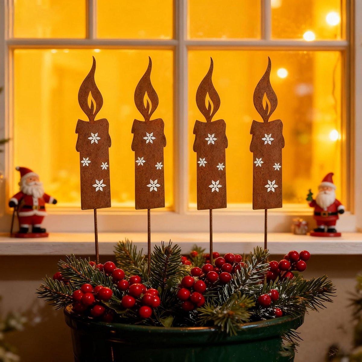 Set van 4 weerbestendige metalen kersttuinstekers met roestlook voor buiten decoratie