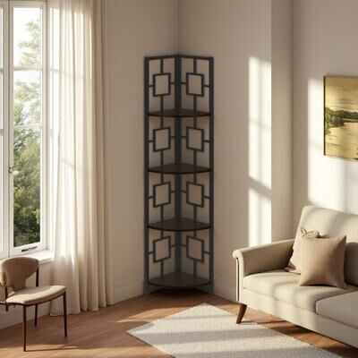 ZWYO HOSIMU 62in Laminate+Metal 4-Tier Corner Etagere Bookshelf with Fan-Shaped Shelves, Display Rack with 3-Leg Frame & Space-Saving