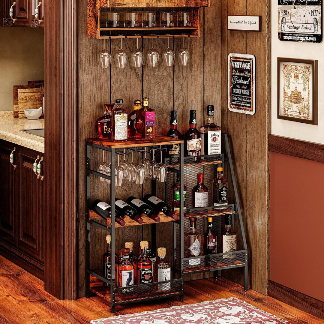 Rio Wine Bottle & Glass Rack Industrial Vintage Brown Industrial Vintage Brown 81cm H X 77.5cm W X 30cm D