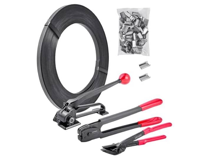 VEVOR Kit Cerclage Feuillard Acier 183 m Kit Cerclage Palette avec Outil et Tendeur pour Emballage en Entrepôts\, Déménagement\, Stockage de Garage\, Transport de Marchandises\, 300 Scellés Métalliques