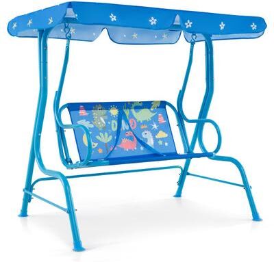 Costway 2-Seater Kids Patio Swing with Metal Stand and Adjustable Canopy-Bule
