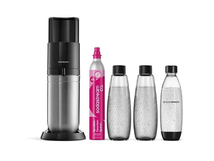 Sodastream 1016813498 DUO schwarz Mega Pack inkl. 60L Zylinder & 2x 1L Glaskaraffe, 1x 1L Fuse Flasche schwarz DWS