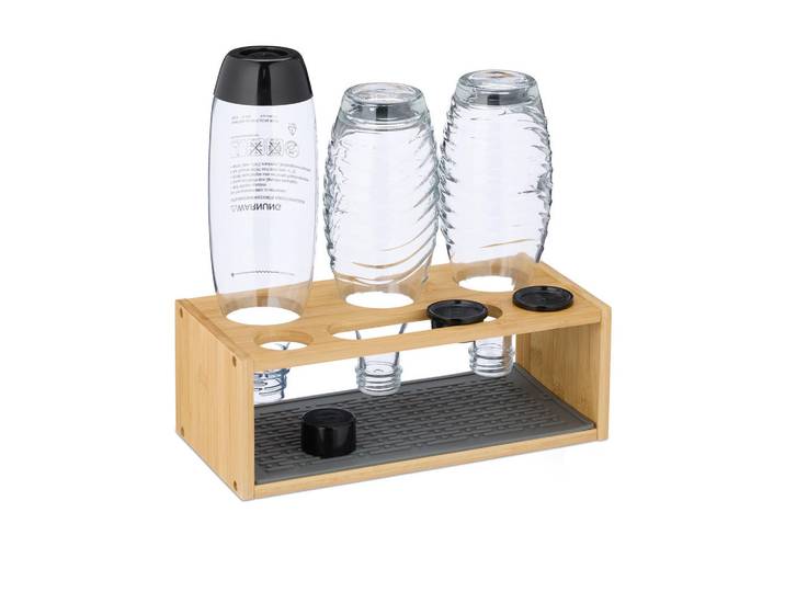 Relaxdays Flaschenabtropfgestell Natur Grau Bambus Silikonmatte für 3 Flaschen, Hellbraun, Holz, Kunststoff, 31x11x14.5 cm, Küchenzubehör, Küchenhelfer, Küchenutensilien