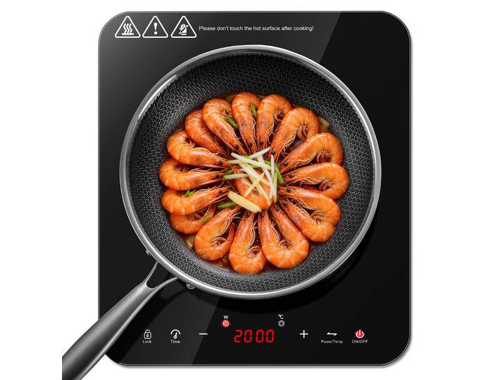 Table de cuisson à induction simple KICHPOWER 2000W 28cm, portable, 10 niveaux de puissance/température, minuterie 3H, commande tactile, verrouillage de sécurité