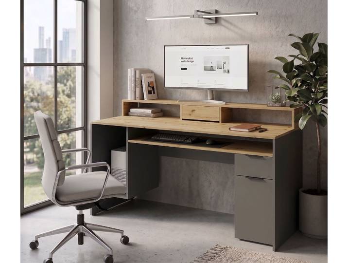 Schreibtisch GOODPRODUCT Peooria Computertisch mit Monitoraufsatz & Towerfach, viel Stauraum , grau (artisan, eiche, graphitgrau, graphitgrau, artisan, eiche), B:160cm H:91cm T:70cm, Tische, Schreibtisch, Büroschreibtisch, Gamingtisch mit Schublade, modern, Breite 160 cm
