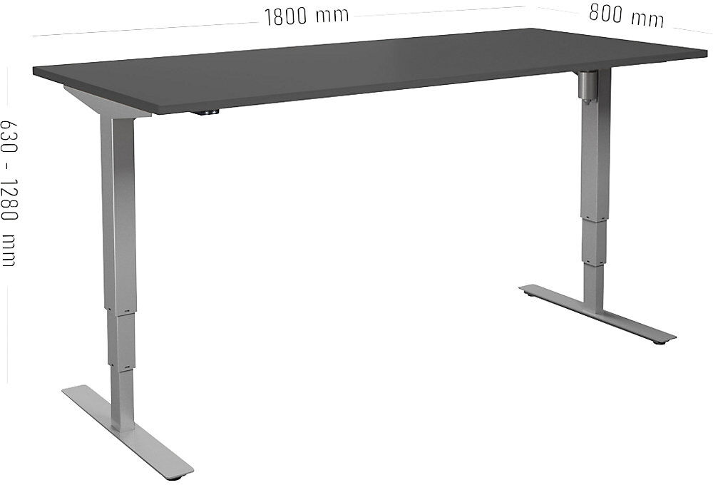 kaiserkraft Schreibtisch Atlanta, elektrisch höhenverstellbar, gerade, BxT 1800 x 800 mm, dunkelgrau/silber