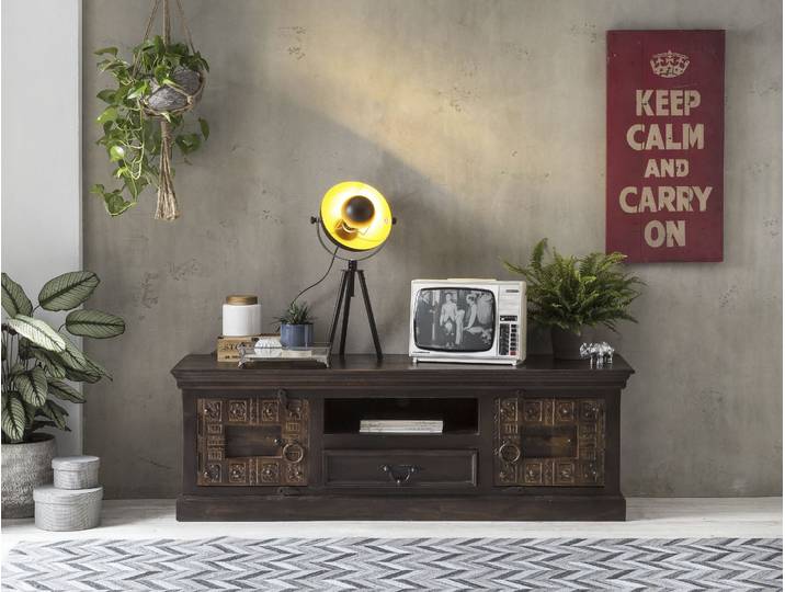 Lowboard SIT Liberec aus recyceltem Altholz mit Schnitzereien – 2 Türen , braun, B:150cm H:50cm T:45cm, Massivholz, Sideboards, Lowboard, 2 Türen, 1 Schublade & 1 offenes Fach für vielseitigen Stauraum
