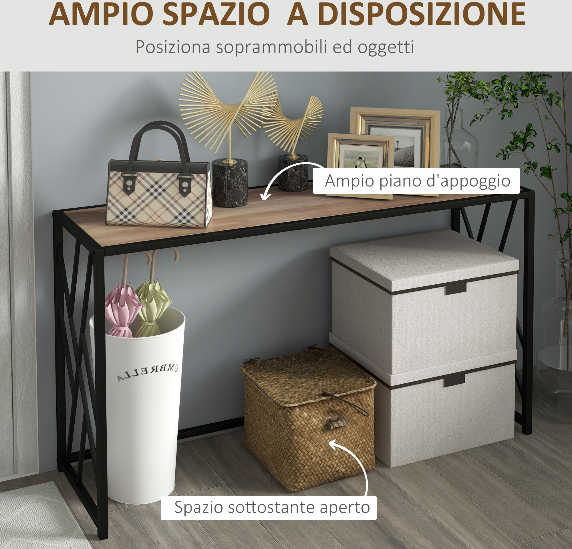 Altro Tavolo Consolle Da Ingresso In Stile Industriale, Mobile Vintage In Acciaio E Legno, 120x35x75cm, Marrone