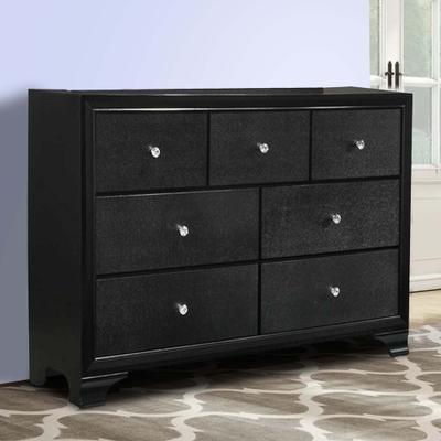 Benjara Seven Drawer Wooden Dresser with Bracket Feet and Crystal Knobs, Black