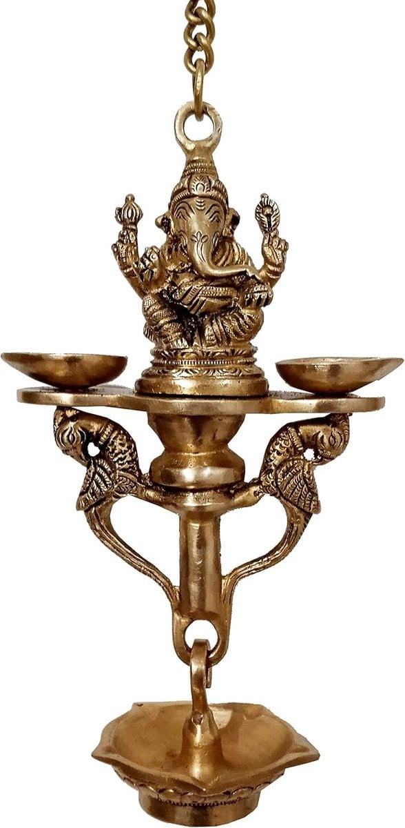 Purpledip Messing Ganesha Nila Vilakku 7-batti Olie Lamp met Pauw Design