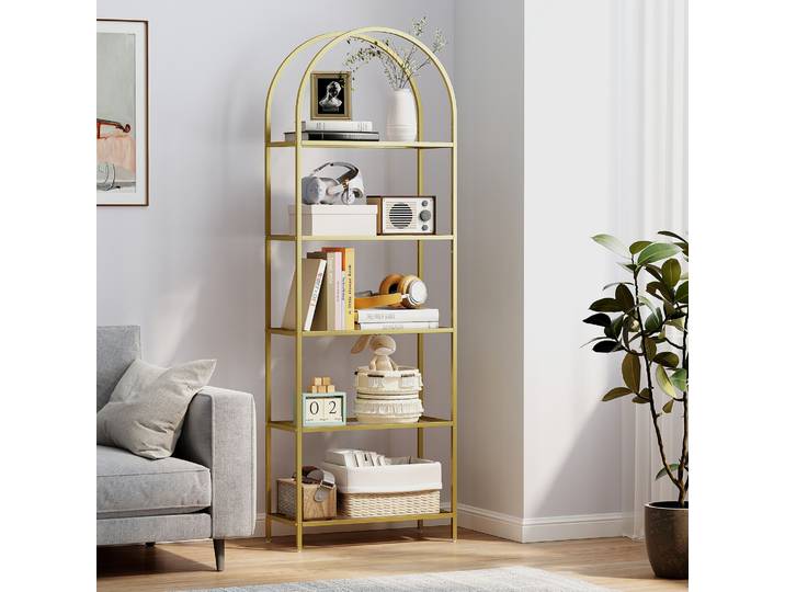 HOMCOM Étagère 5 Niveaux Verre Arqué 60x30x175cm Doré