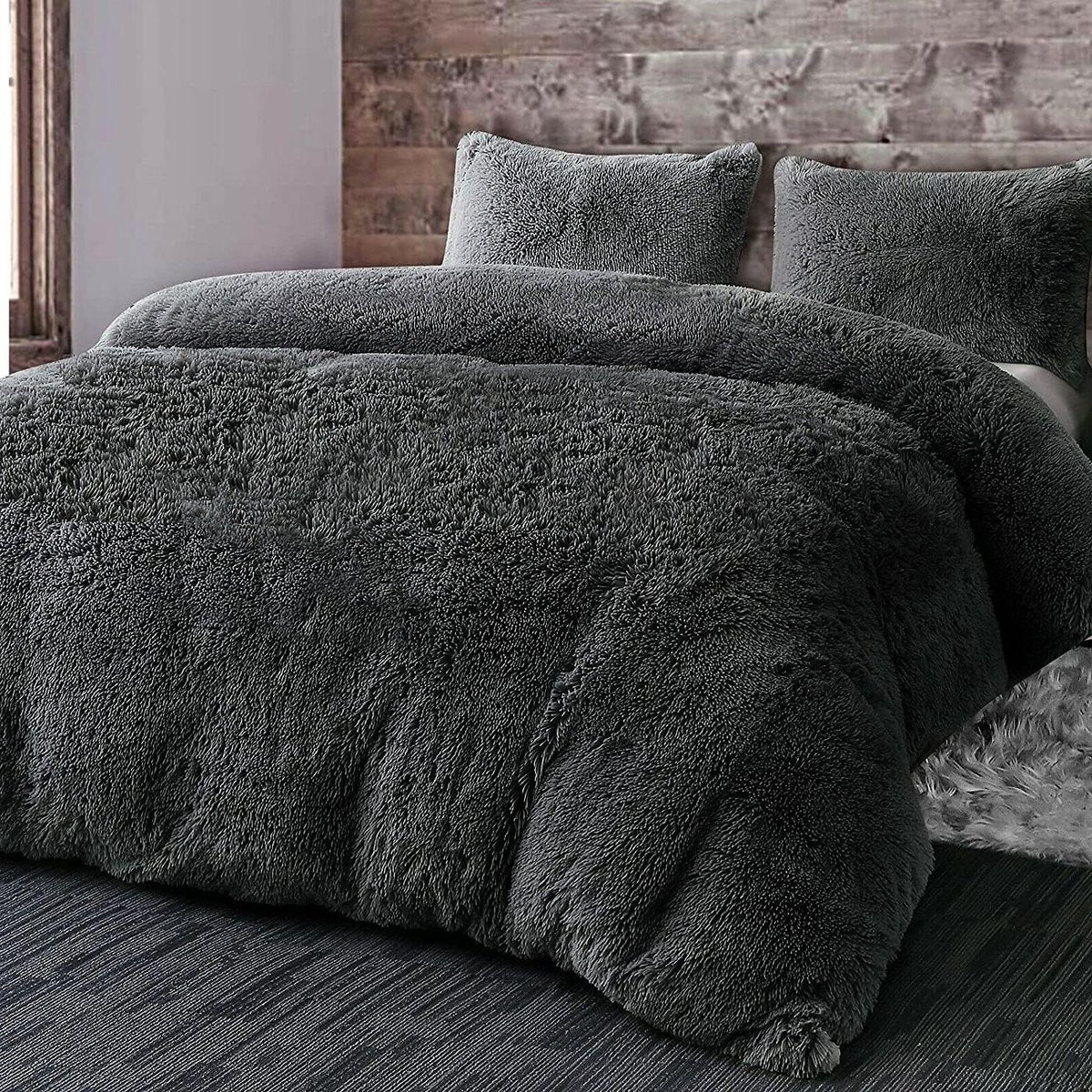 Dekbedovertrek set van zacht teddy fleece in houtskoolgrijs voor twee personen