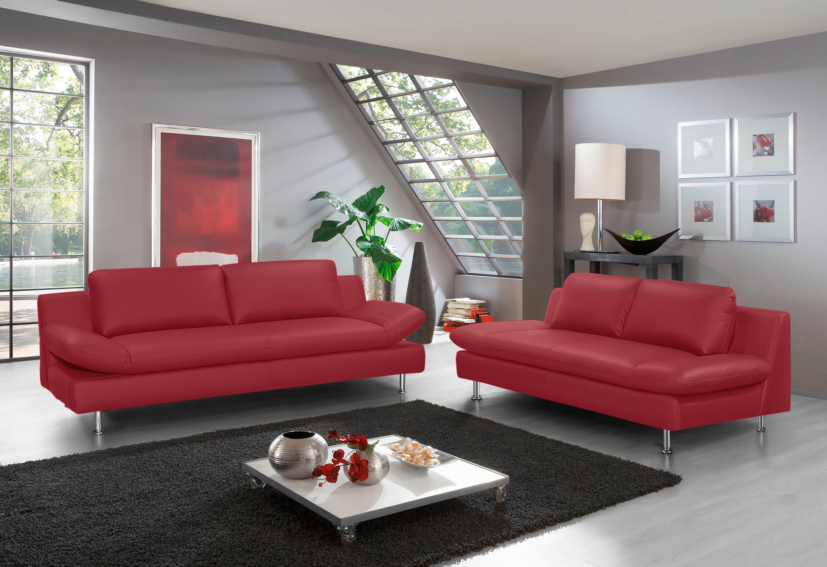 3-Sitzer PLACES OF STYLE "Redding", rot, B:221cm H:80cm T:90cm, NaturLEDER - »Madras« (echtes Rindsleder), Sofas, 3-Sitzer, in Naturleder rot B/H/T: 221cm x 80cm x 90cm, NaturLEDER® Madras