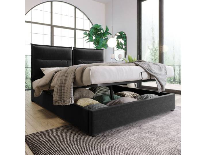 Lit double hydraulique - Velours noir - Tête réglable - Rangement intégré - 140x200cm