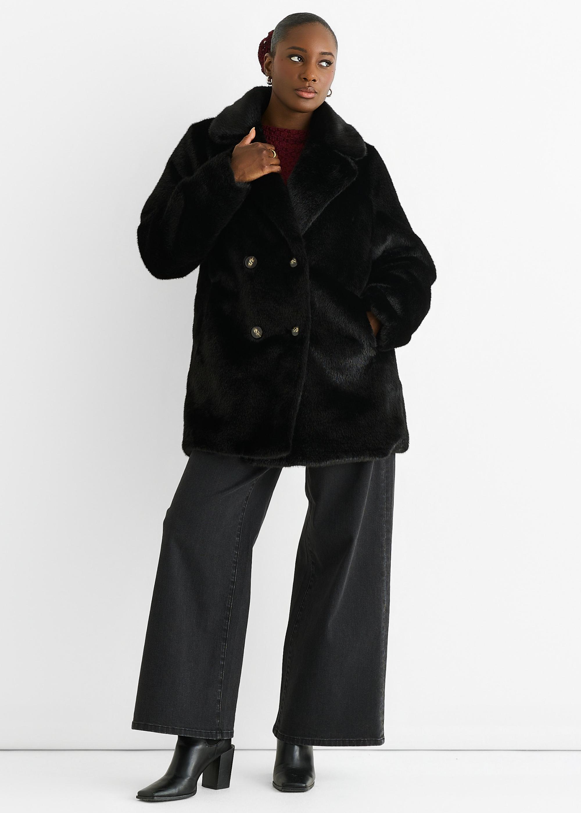 Schwarze Kunstpelz-Langstrumpfjacke mit zwei Brüsten