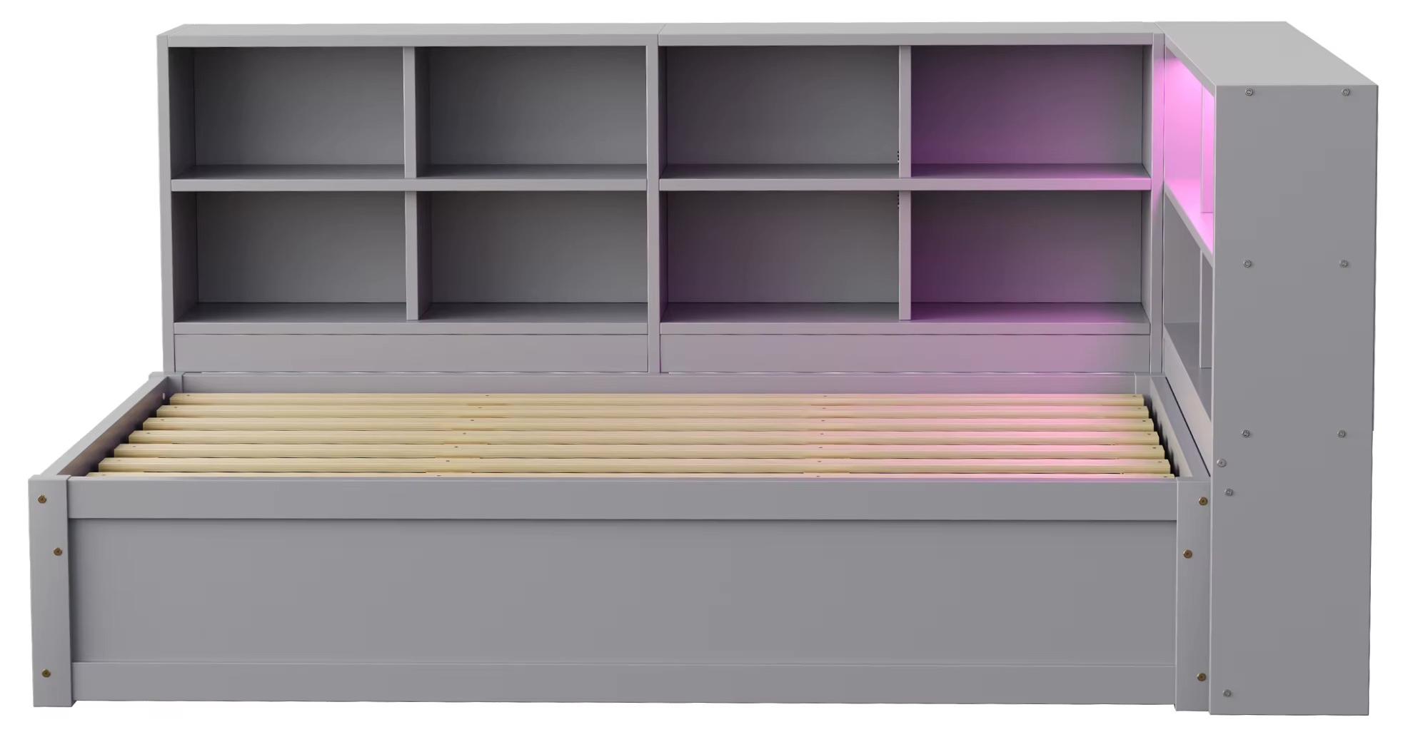 Schlafsofa - Einzelbett 90 x 200 cm - Hydraulischer Stauraum - Mehrere Steckdosen - Mehrere Fächer - Lichtleiste - Grau