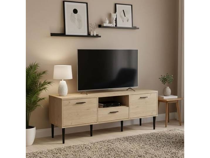 Dmora - Fernsehschrank Honorine, Ständer für Wohnzimmerfernseher, Niedriges Wohnzimmer-Sideboard, TV-Ständerbasis, 147x40 h57 cm, Eiche